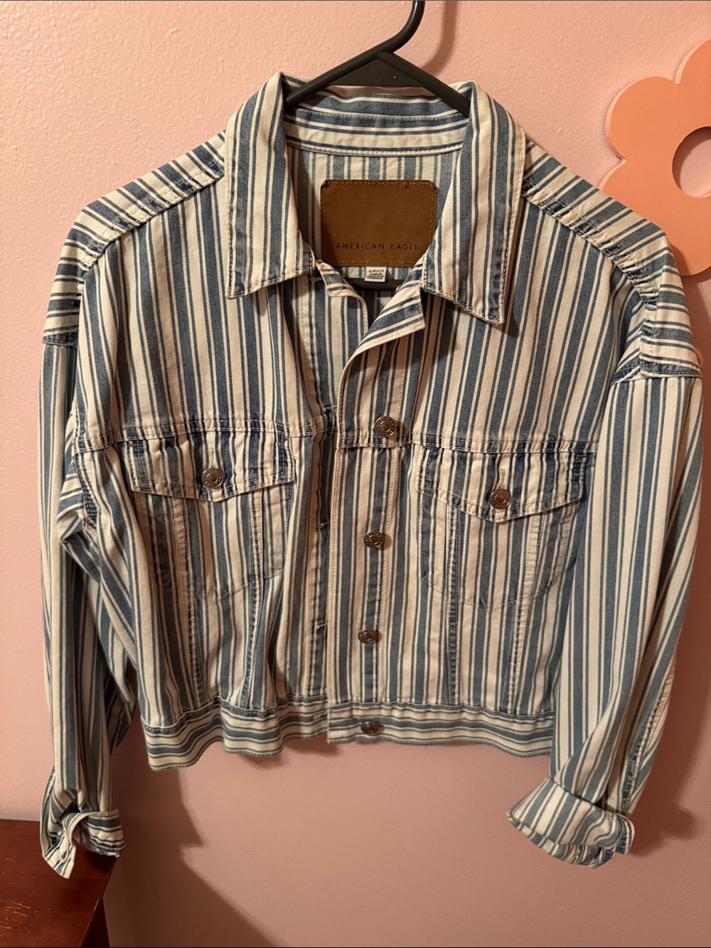 American Eagle Outfitters Blue and Cream Striped Cropped Jean Jacket